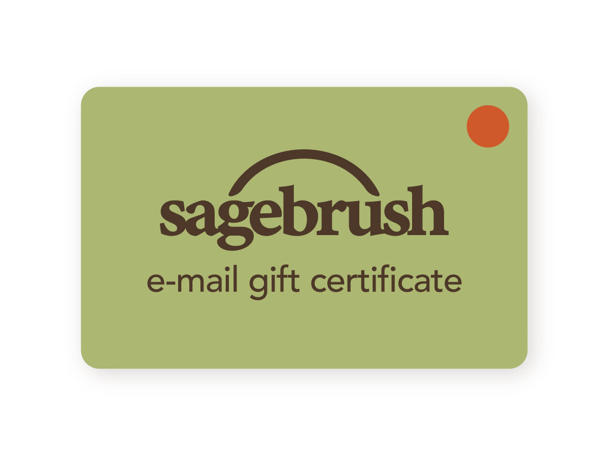 A green gift certificate reading "Sagebrush - email gift certificate"